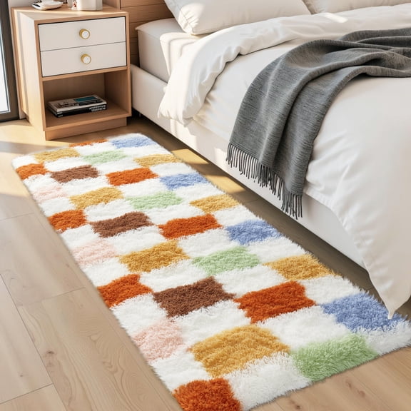 MERXENG Ultra-Soft Checkered Shag Runner Rug - High-Pile Soft Fuzzy, Washable, Non-Slip Carpet for Bedroom Hallway Nursery - Cyan, 2x6 ft (61x183 cm), USA