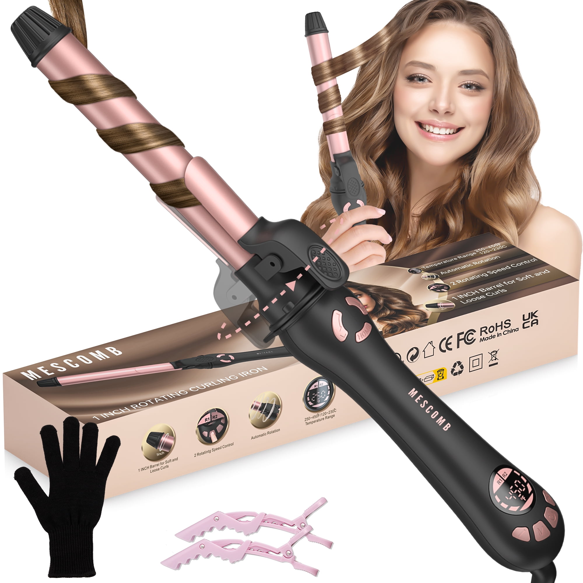 RACCOMB 1 Automatic Rotating Curling Iron 230 F to 450 F 1H Auto Off Dual Voltage for Waves Beach Curls