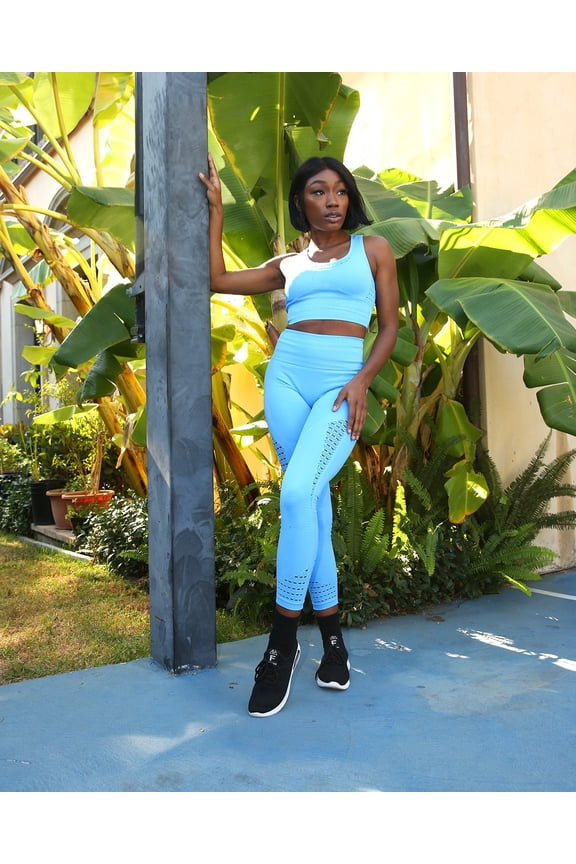 MESH SEAMLESS LEGGING WITH RIBBING DETAIL - BLUE -L