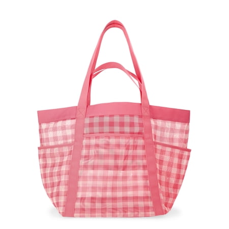No Boundaries Women's Mesh Tote Bag, Peach Gingham