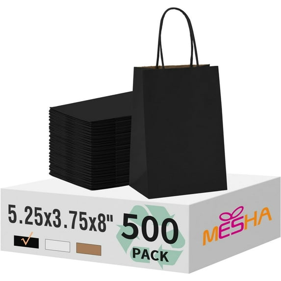 MESHA Gift Paper Bags 500 PACK 5.25x3.75x8'' Black Medium Shopping Kraft Bags Bulk with Handles Reusable for Business,Grocery,Birthday,Wedding,Kids Party,Favors