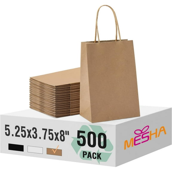 MESHA Kraft Paper Bags 5.25X3.75X8 Brown Small Gift Bags with Handles Bulk,500 Pcs for Small Business,Birthday Wedding Party Favor, Paper Shopping
