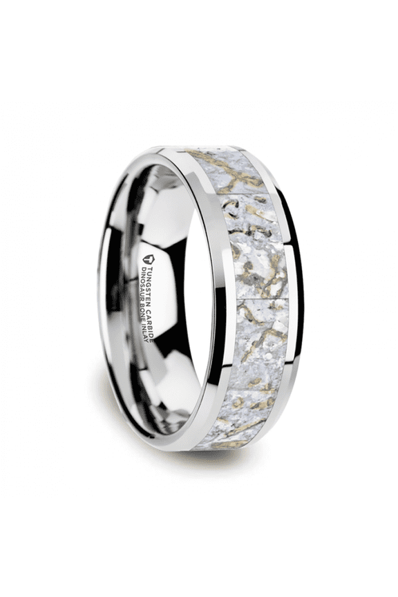 MESOZOIC Men’s Tungsten Flat Beveled Wedding Ring with White Dinosaur Bone Inlay - 4mm or 8mm