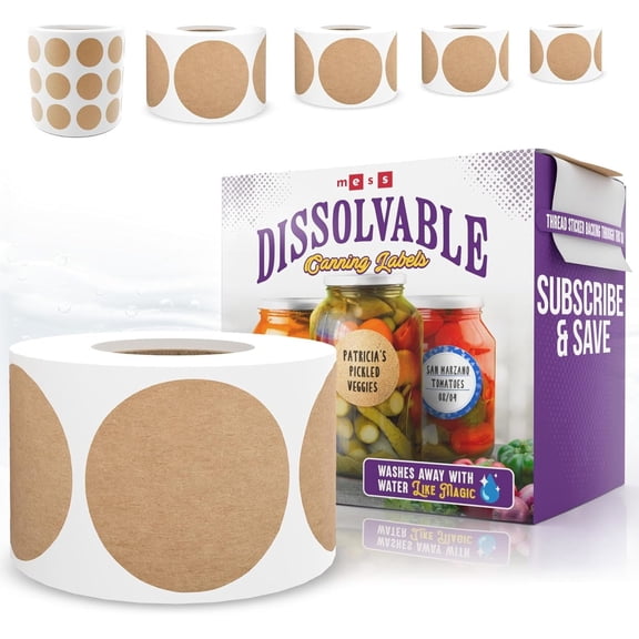 MESS Removable Dissolvable Canning Jar Labels, 1.5" x 1.5", Kraft Brown, 200 Count
