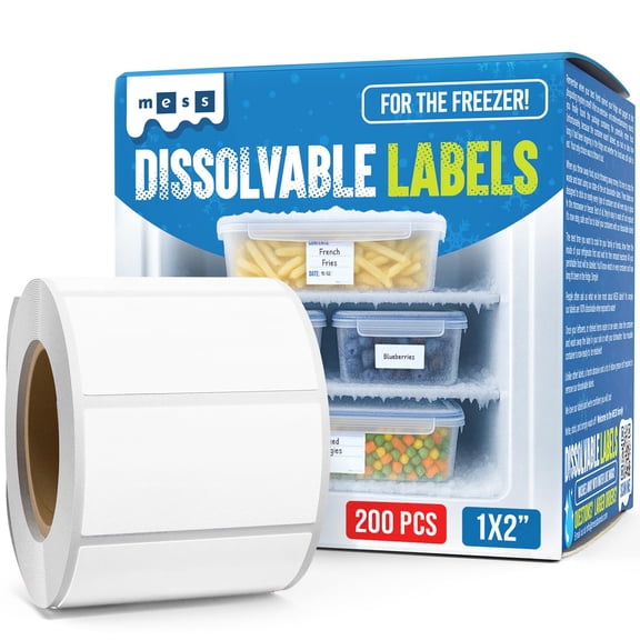 MESS Dissolvable Blank Freezer Labels, White Roll Food Stickers, 200 Count 1 x 2 inch