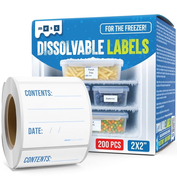 MESS Dissolvable Blank Freezer Labels, White Roll Food Stickers, 200 Count 2 x 2 inch