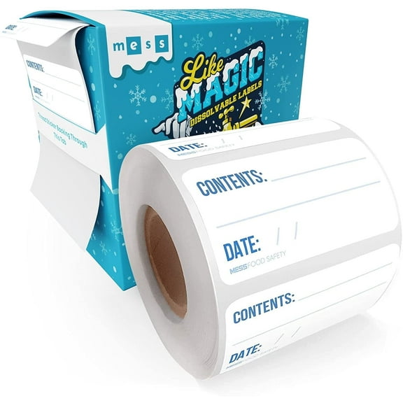 MESS 1x2 Dissolvable Freezer Labels 500 Removable Food Storage Stickers for Containers, Bottles, Jars