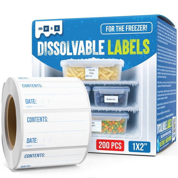 MESS Dissolvable Blank Freezer Labels, White Roll Food Stickers, 200 Count 1 x 2 inch
