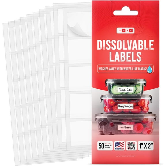 MESS Dissolvable Labels for Food Containers - 50 Removable Kitchen Labels - 1x2 in
