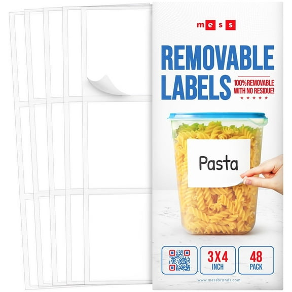 MESS Removable Vinyl Dry Erase Food Labels, 48 Pack, 3x4 White Reusable Labels for Containers, Jars, Fridge, and Freezer
