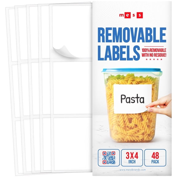 MESS Food Labels for Containers - Removable Labels for Kitchens 3x4 48-Pack Erasable Labels for Organizing - Food Labels for Containers - Freezer and Fridge White Dry Erase Labels - Labels for Jars