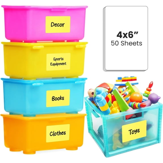 MESS Labels for Storage Bins – 50 Waterproof Vinyl Pantry Organization Labels – 6x4 in – Yellow
