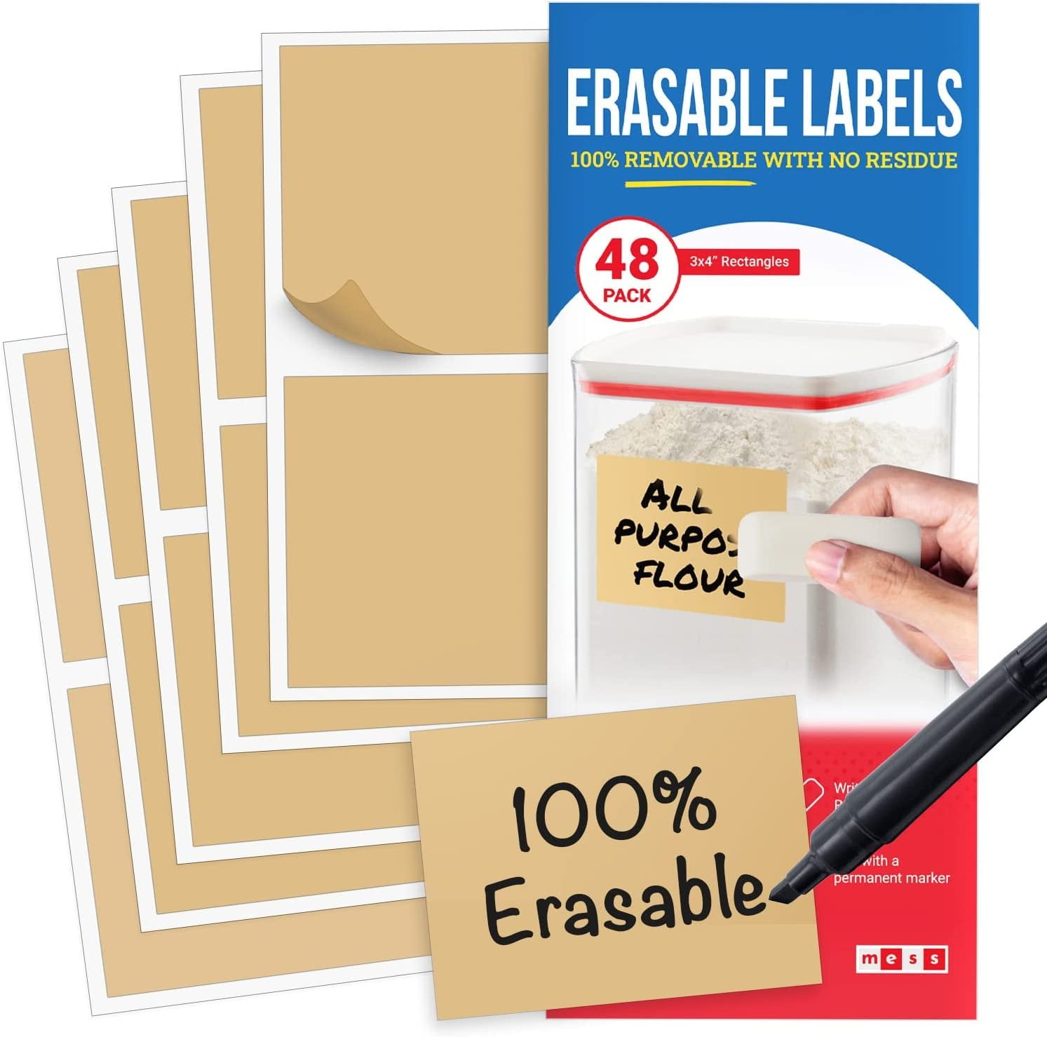 MESS Reusable Labels for Food Containers 48 3x4