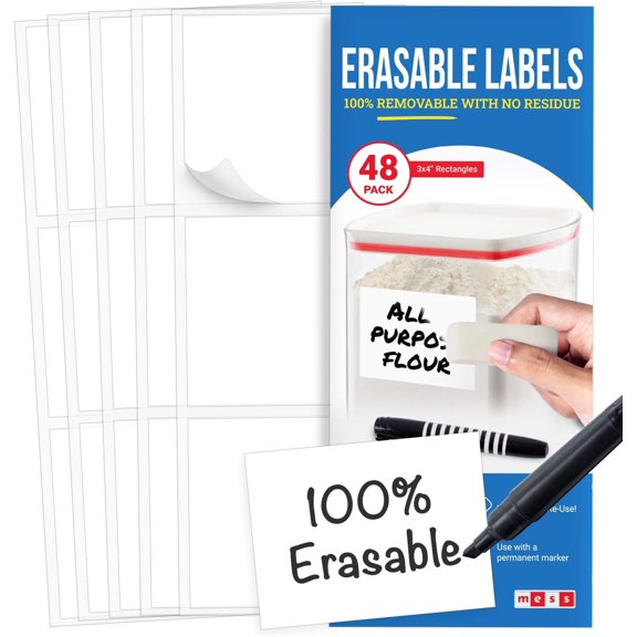 MESS Reusable Labels for Food Containers - Erasable Kitchen Labels 3x4" Labels for Organizing - Food Labels for Containers - Removable Labels Freezer Fridge - White Dry Erase - Labels for Jars 48