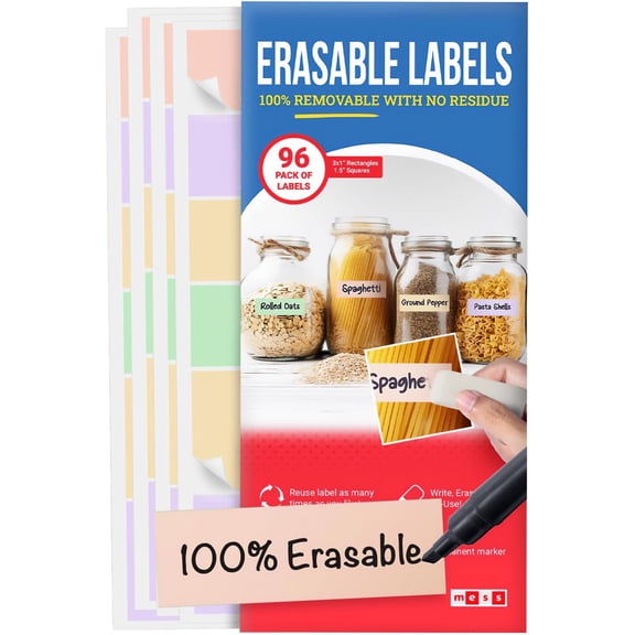 MESS Dry Erase Food Labels, Removable 1x3 in, Pastel, 96 Count