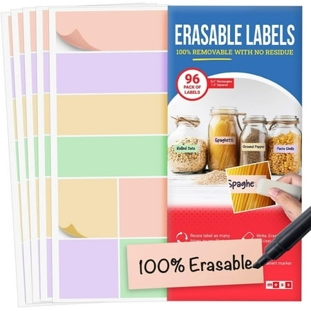MESS Reusable Dry Erase Food Container Labels, White & Pastel, 1x3" and 1.5", Removable Vinyl Kitchen Organizing Labels