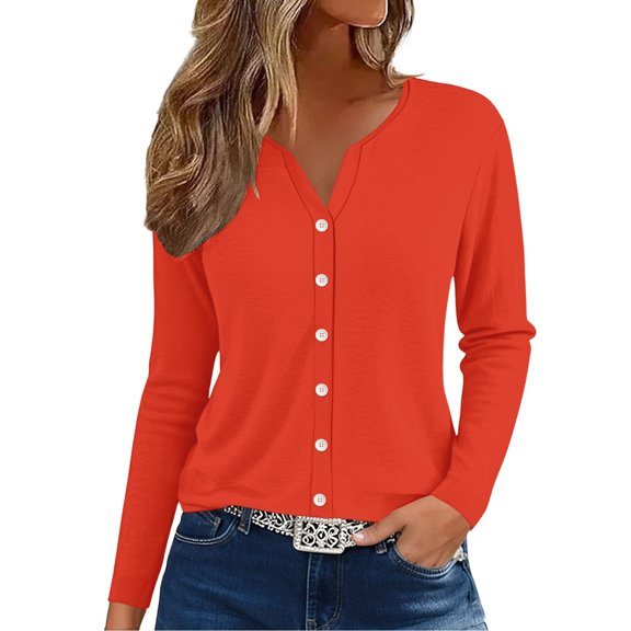 MESSIYO 3/4 sleeve cardigan for women Knit Shrugs Sweater Cardigan Sweater open front cardigan for women Summer Tops 2025 V Neck Print Shirts Casual Button Down Blouses Orange M