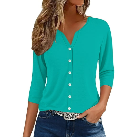 MESSIYO 3/4 sleeve cardigan for women Knit Shrugs Sweater Cardigan Sweater open front cardigan for women Summer Tops V Neck Print Shirts Casual Button Down 3/4 Lenght Sleeve Blouses Sky Blue L