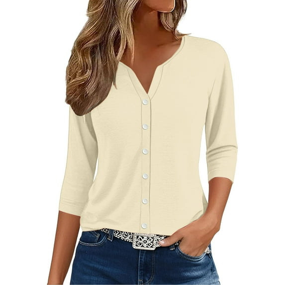 MESSIYO 3/4 sleeve cardigan for women Knit Shrugs Sweater Cardigan Sweater open front cardigan for women Summer Tops V Neck Print Shirts Casual Button Down 3/4 Lenght Sleeve Blouses Beige L