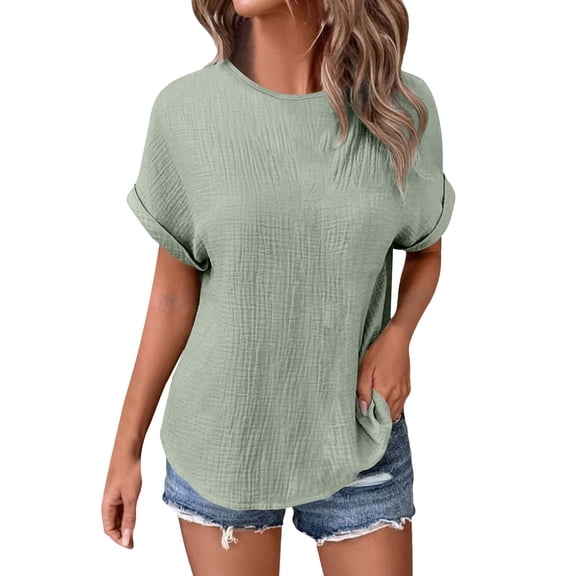 MESSIYO Shirts for Women Short Sleeve Shirts for Women scoop neck tops for women womens summer tops women blouses Summer Casual Double Wrinkle Round Neck Short Sleeved T Shirt Mint Green M