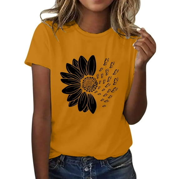 MESSIYO Shirts for Women Short Sleeve Shirts for Women t shirts for women loose fit womens summer tops women blouses Sunflower T Shirt Blouse Tops Girl Short Sleeve Graphic Tees Yellow 3XL