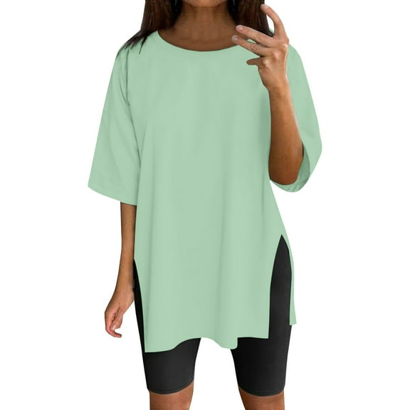 MESSIYO Tunic Tops Short Sleeve Tunic Tops long shirts for women for leggings Side Split Basic Tunic Tops women blouses Green M