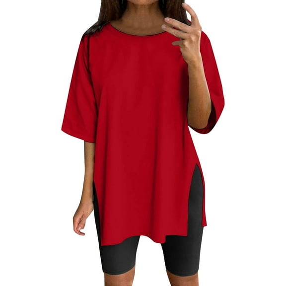 MESSIYO Tunic Tops Short Sleeve Tunic Tops long shirts for women for leggings Side Split Basic Tunic Tops women blouses Red L