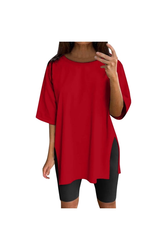 Tunic Tops Short Sleeve Tunic Tops long shirts for women for leggings Side Split Basic Tunic Tops women blouses Red L