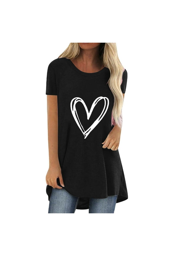 Tunic Tops Short Sleeve Tunic Tops long shirts for women for leggings tee shirts womens women blouses Fashion Casual Printed Round Neck Short Sleeve Front Long Back T Shirt Black XL