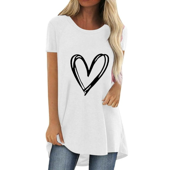 MESSIYO Tunic Tops Short Sleeve Tunic Tops long shirts for women for leggings tee shirts womens women blouses Fashion Casual Printed Round Neck Short Sleeve Front Long Back T Shirt White L