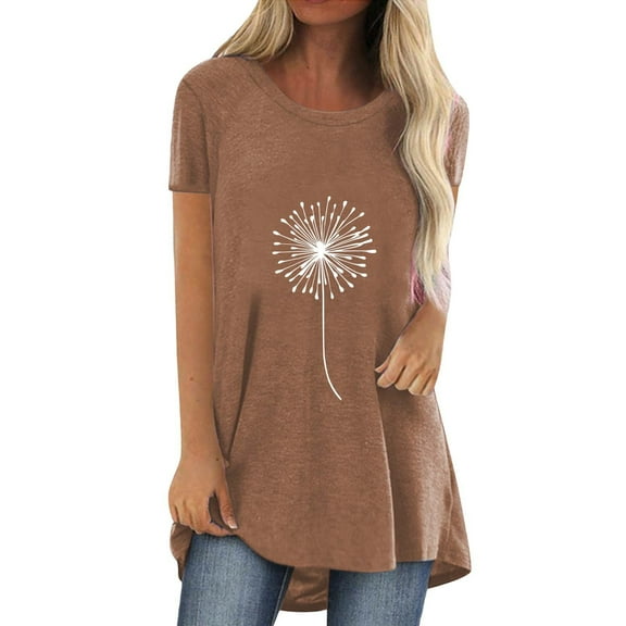 MESSIYO Tunic Tops Short Sleeve Tunic Tops long shirts for women for leggings tee shirts womens women blouses Fashion Casual Printed Round Neck Short Sleeve Front Long Back T Shirt Coffee M