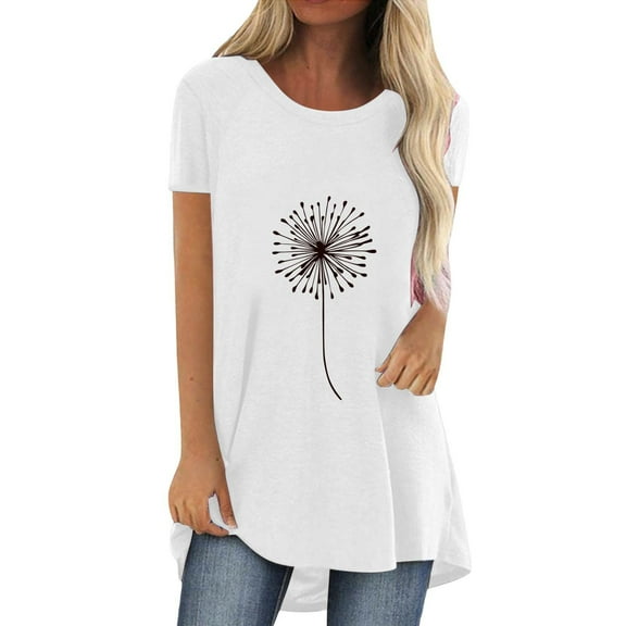MESSIYO Tunic Tops Short Sleeve Tunic Tops long shirts for women for leggings tee shirts womens women blouses Fashion Casual Printed Round Neck Short Sleeve Front Long Back T Shirt White M