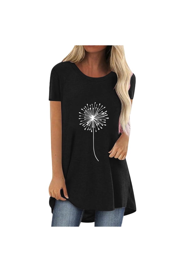 Tunic Tops Short Sleeve Tunic Tops long shirts for women for leggings tee shirts womens women blouses Fashion Casual Printed Round Neck Short Sleeve Front Long Back T Shirt Black 2XL