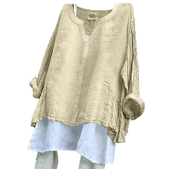 MESSIYO Tunic Tops V Neck Blouses long sleeve shirts for women Flowy Tunic Top women blouses Women's V Neck Printed Long Sleeved Japanese Casual Button Top Made Of Cotton And Linen Beige 3XL