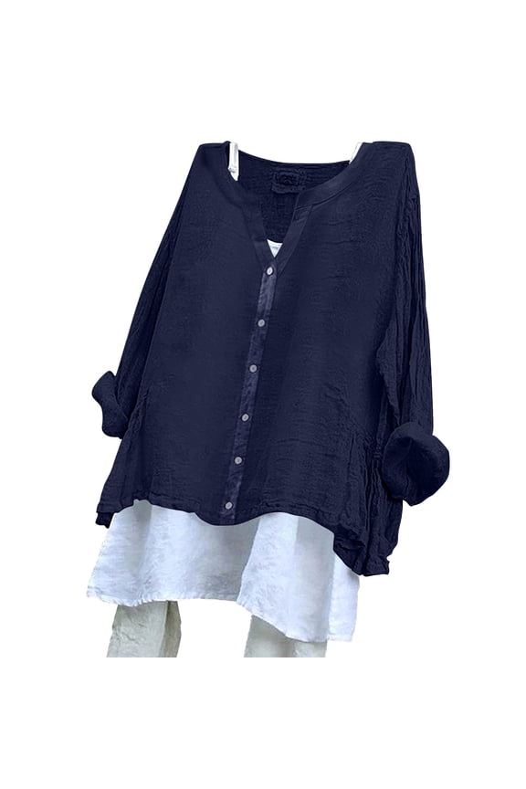 Tunic Tops V Neck Blouses long sleeve shirts for women Flowy Tunic Top women blouses Women's V Neck Printed Long Sleeved Japanese Casual Button Top Made Of Cotton And Linen Navy S
