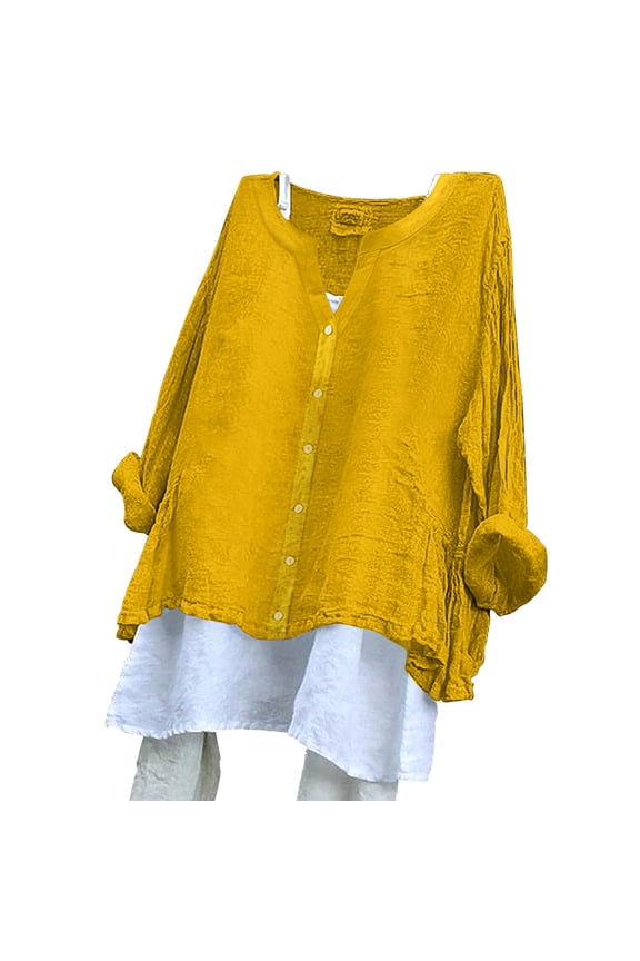 Tunic Tops V Neck Blouses long sleeve shirts for women Flowy Tunic Top women blouses Women's V Neck Printed Long Sleeved Japanese Casual Button Top Made Of Cotton And Linen Yellow S