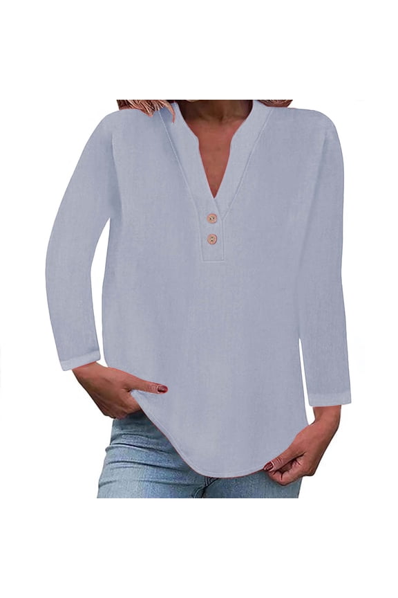Tunic Tops long sleeve shirts for women linen tops for women tee shirts womens Boho Top Women's Fashion Casual V Neck Up Short Sleeved Blouse Gray M