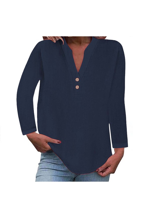Tunic Tops long sleeve shirts for women linen tops for women tee shirts womens Boho Top Women's Fashion Casual V Neck Up Short Sleeved Blouse Navy L