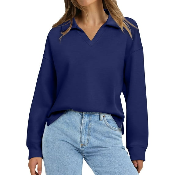 MESSIYO hoodies for women Fleece Sweatshirts womens long sleeve tops women sweatshirt pullover sweaters for women Tops Collared V Neck Shirts Lightweight Sweatshirt Fall Clothes Blue L