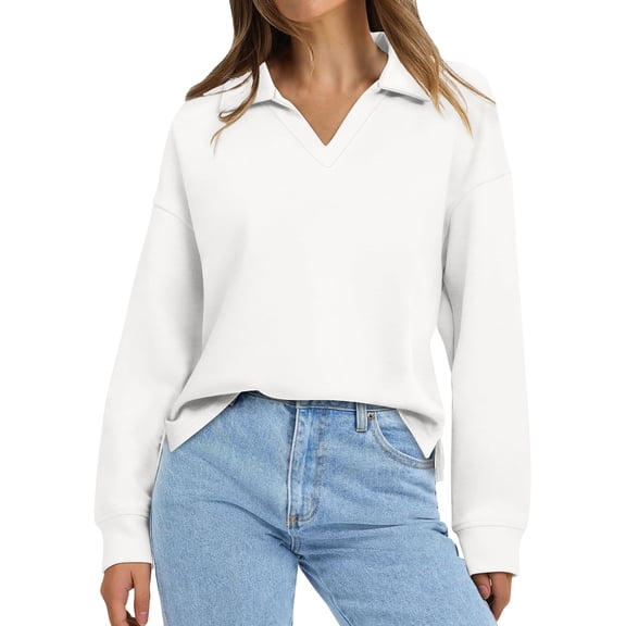 MESSIYO hoodies for women Fleece Sweatshirts womens long sleeve tops women sweatshirt pullover sweaters for women Tops Collared V Neck Shirts Lightweight Sweatshirt Fall Clothes White XL
