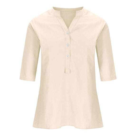 MESSIYO linen shirts for women elbow length tops for women button down shirts for women Loose Button Shirt Top Stand Solid Color Sleeve Collar Casual Women's Shirt Women's Shirt Beige L