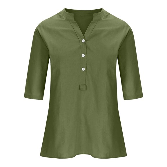MESSIYO linen shirts for women elbow length tops for women button down shirts for women Loose Button Shirt Top Stand Solid Color Sleeve Collar Casual Women's Shirt Women's Shirt Green 1 3XL