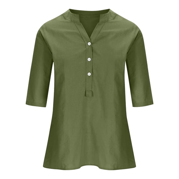 MESSIYO linen shirts for women elbow length tops for women button down shirts for women Loose Button Shirt Top Stand Solid Color Sleeve Collar Casual Women's Shirt Women's Shirt Green 1 2XL