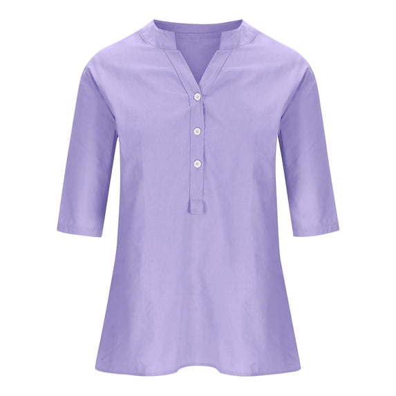 MESSIYO linen shirts for women elbow length tops for women button down shirts for women Loose Button Shirt Top Stand Solid Color Sleeve Collar Casual Women's Shirt Women's Shirt Purple 3XL