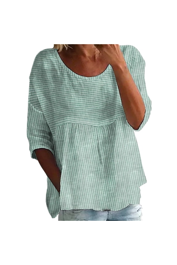 linen shirts for women elbow length tops for women gauze shirts for women t shirts for women womens blouses Cotton Linen Striped Casual Loose Crew Neck 3/4 Sleeve Shirt Green S