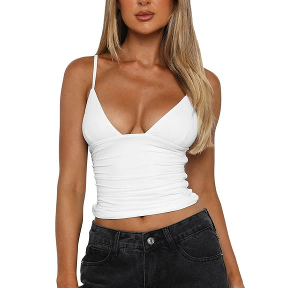MESSUEN Cami Tops Crop Tops for Women V-neck Camisole 2024 New Europe the United States Solid Color Pumping Pleated Backless Tank Basic Top for Women Dressy Summer Tops for Women White M