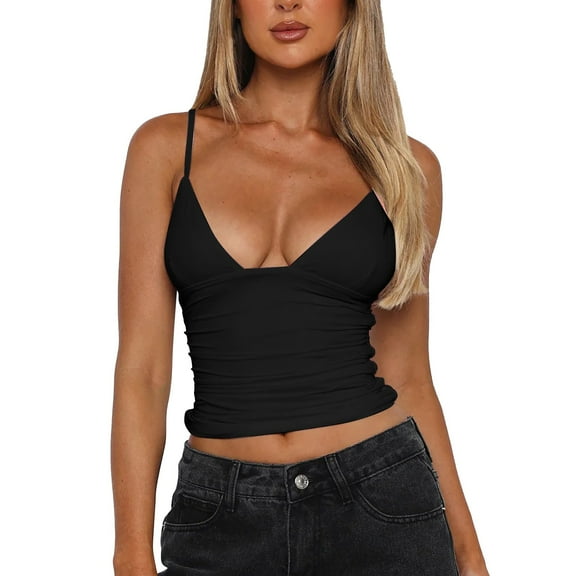 MESSUEN Cami Tops Crop Tops for Women V-neck Camisole 2024 Spring New Europe the United States Fashion Solid Color Pumping Pleated Backless Tank Women Basic Tops Tee Shirts Womens Black M