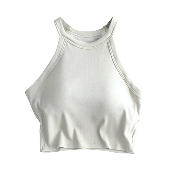 MESSUEN Camisole Tops for Women Built in Bra Halter Top with Built in Bra Crew Neck Camisole with Bra Pads Bra One Vest Camisole Womens Basic Tee Shirts Womens Blouses Casual White S