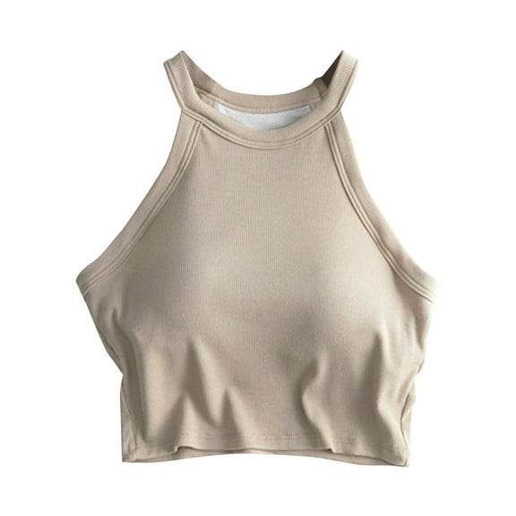MESSUEN Camisole Tops for Women Built in Bra Halter Top with Built in Bra Crew Neck Camisole Solid Color with Bra Pads Bra One Vest Camisole Women's Shirts Blouses Women’s Tops Beige L
