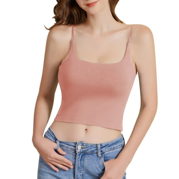 MESSUEN Camisole Tops for Women Camisole Tops for Women Built in Bra Square Neckline Camisole Solid Color with Chest Pad Bra One Tank Top Sling Tee Shirts Womens Summer Tops Pink XL